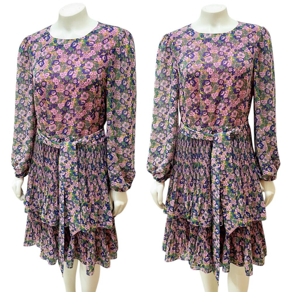 Boden Plisse Mini Dress Pink Purple Floral Puff Sleeve Tiered Belt US Size 8L